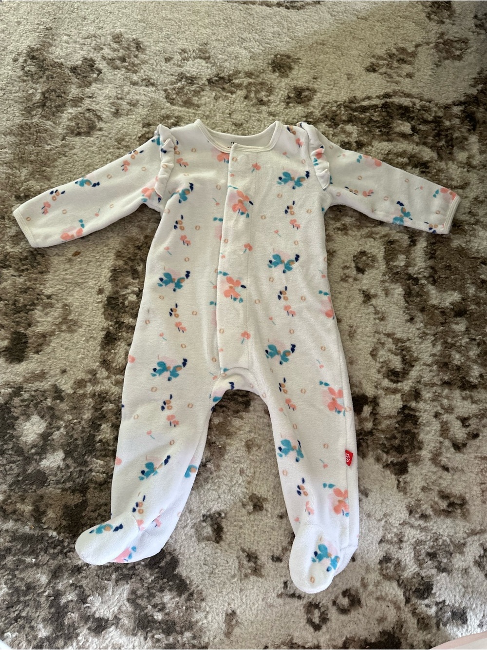 Magnetic Me White Floral Footed One-Piece with Pink & Blue Flowers